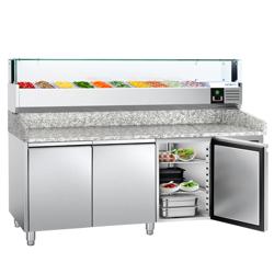 Commercial Refrigerated Pizza Prep Counter PREMIUM - 2000x800 - 3 Doors - Top Display Rail LED - 10x GN 1/4