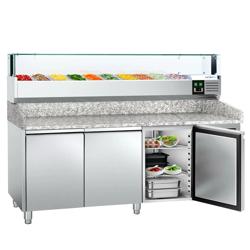Commercial Refrigerated Pizza Prep Counter PREMIUM - 2000x800 - 3 Doors - Top Display Rail LED - 10x GN 1/4