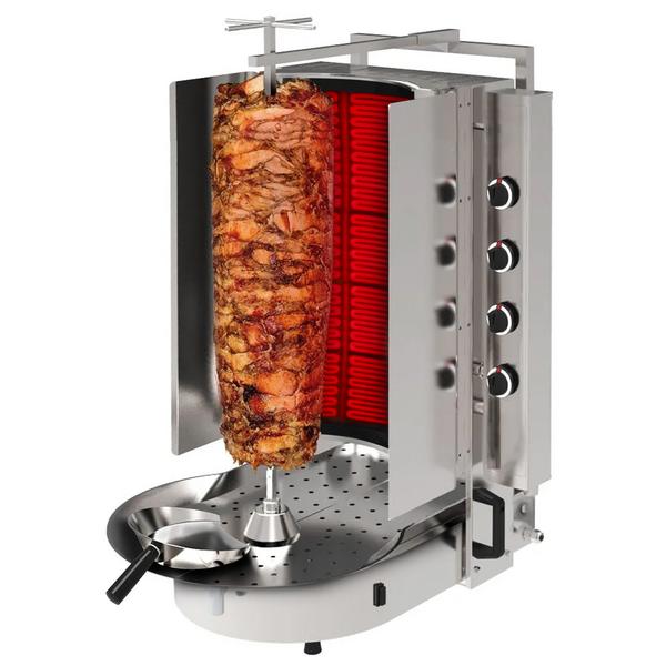 Gas Doner Kebab Grill (Shawarma/Gyros) - 8 Burner - up to 75kg - 16kW - Countertop - with ROBAX® glass - incl. skewer, clamp, meat plate, drip tray, kebab shovel & double doors