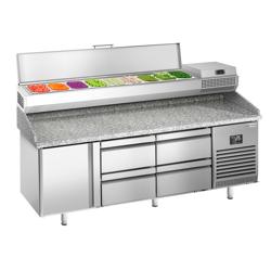Pizzawerkbank PREMIUM PLUS - 1980x700mm - met granieten werkblad - met 1 deur & 4 laden - incl. opzetkoelvitrine - 9x GN 1/4