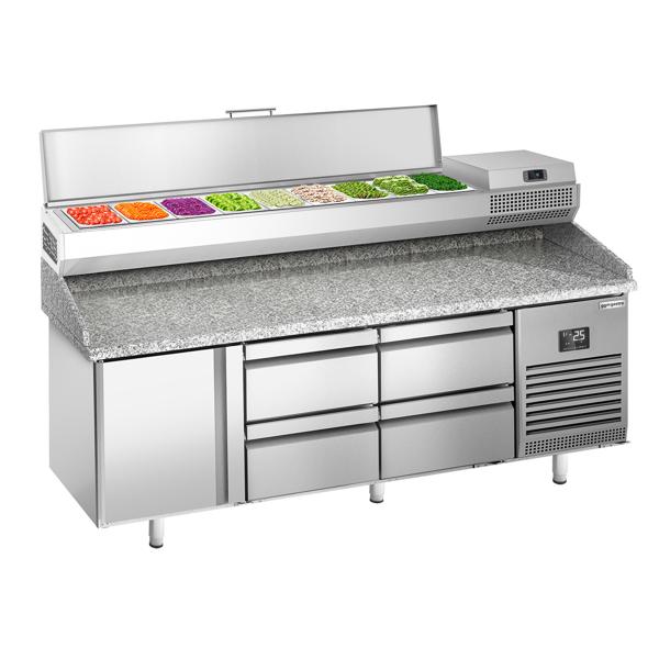Chladicí stůl na pizzu PREMIUM PLUS - 1980x700 mm - se 1 dveřmi a 4 zásuvkami - se žulovou pracovní deskou - vč. chladicí nástavbové vitríny - 9x GN 1/4