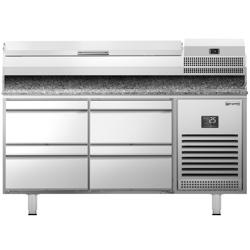 Banco pizza refrigerato PREMIUM PLUS - 1490x700mm - con 4 cassetti - piano in granito - con vetrina ingredienti refrigerata superiore - 6x GN 1/4
