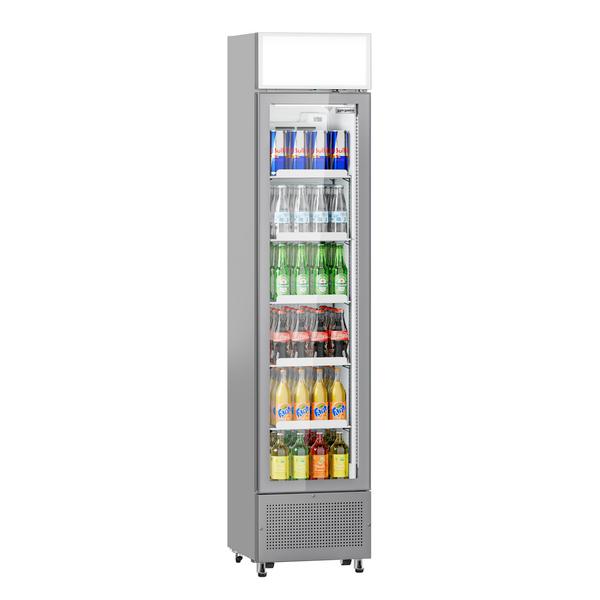 Commercial Upright Glass Door Display Fridge with Illuminated Canopy - 435mm - 145 Litres - with 1 hinged glass door - LED lighting - Grey - Temperature range 1 to 10 °C
