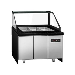 Saladette réfrigérée - 1250mm - façade décor bois naturel - 2 portes - avec vitrine de comptoir pour 3x GN 1/1 & 1 étagère - plan de travail en granit noir