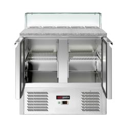 Commercial Saladette Prep Station Fridge ECO – 2-Door, GN 1/1 Well – 900 mm – +2 to +8 °C – Glass Top; Integrated 5×GN 1/6 Cool-Top