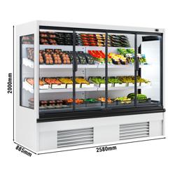 Commercial multideck display fridge - 2500mm - 1408L - with 4 hinged glass doors & 2 shelves - White
