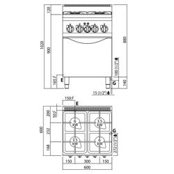 Gasfornuis - Lorenzo 600 - 600x600mm - 19,0 kW - 4 pits - incl. elektrische heteluchtoven - 3,0 kW