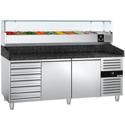 Rashladni pult za pripremu pizze PREMIUM - 2000x800 mm - sa 2 vrata & 7 ladica - uklj. Rashladna nadograđena vitrina - 9x GN 1/3