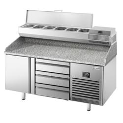 Pizzawerkbank PREMIUM PLUS - 1490x700mm - met granieten werkblad - met 1 deur & 3 laden - incl. opzetkoelvitrine - 6x GN 1/4