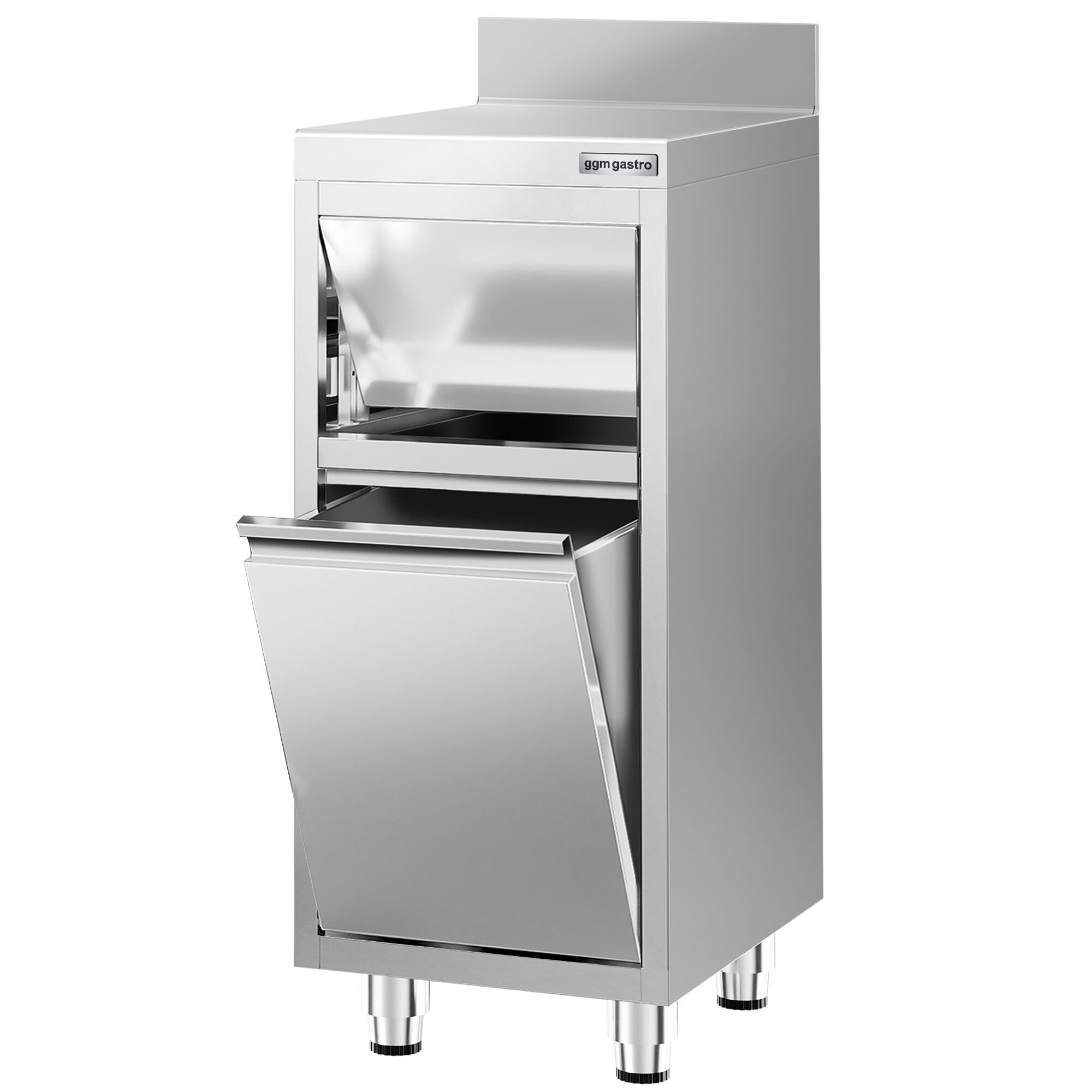 Poubelle - avec couvercle basculant - 400x1150x600mm - fermeture silencieuse, coins arrondis, 4 pieds stables, conforme CE, normes alimentaires européennes, AISI 430 - Acier inoxydable
