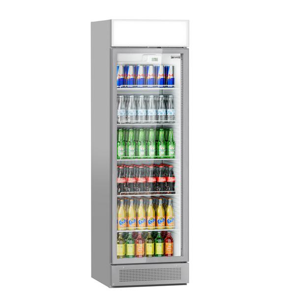 Szafa chłodnicza przeszklona PREMIUM - 358L- 595mm - bezramowe drzwi - 1‑drzwiowa, drzwi skrzydłowe, drzwi szklane - z podświetlanym panelem reklamowym - oświetlenie LED - cyfrowy wyświetlacz temperatury - 1–10°C