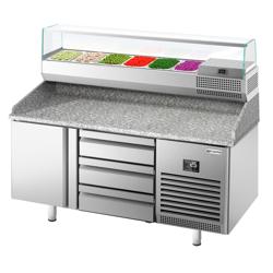 Pizzawerkbank PREMIUM PLUS - 1490x700mm - met granieten werkblad - met 1 deur & 3 laden - incl. glasvitrine - 6x GN 1/4