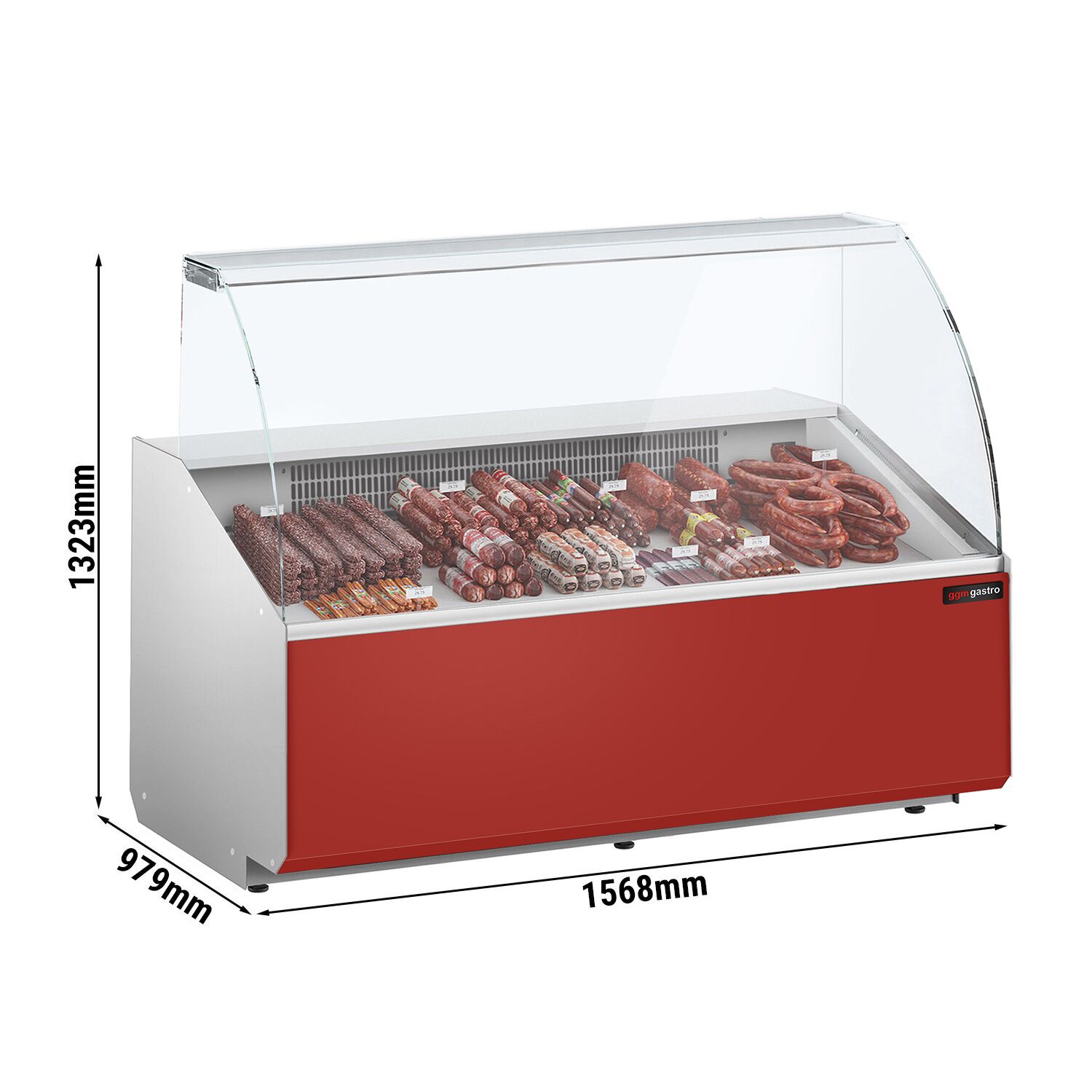 Comptoir vitrine réfrigérée - 1568x979mm - +2/+6°C - 324L - 2 portes - Face avant rouge RAL3003