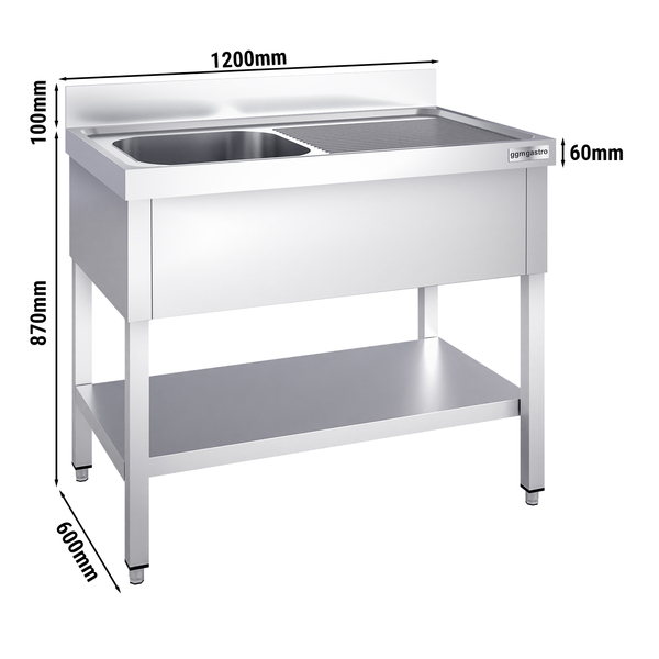 Yıkama Tezgahı PREMIUM -  1200x600mm - Alt Raflı & 1 Sol Evyeli