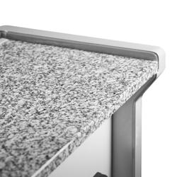 Koeltoonbank Tuva - 2025x1150mm - 400 liter - kleur rood - achterzijde 2 schuifdeuren - gebogen ruit - granit werkblad