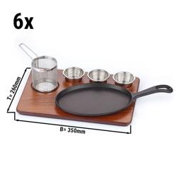 (6 stuks) Sizzler serveerset - 6-delig - incl. 18 kommetjes; 6 frituurmandjes - gietijzer; rvs; MDF - 350x260mm - sizzler serveerset; met steel; anti-aanbak
