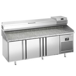 Pizzawerkbank PREMIUM PLUS - 1980x700mm - granieten werkblad - met 3 deuren - incl. koelopzetvitrine - 9x GN 1/4
