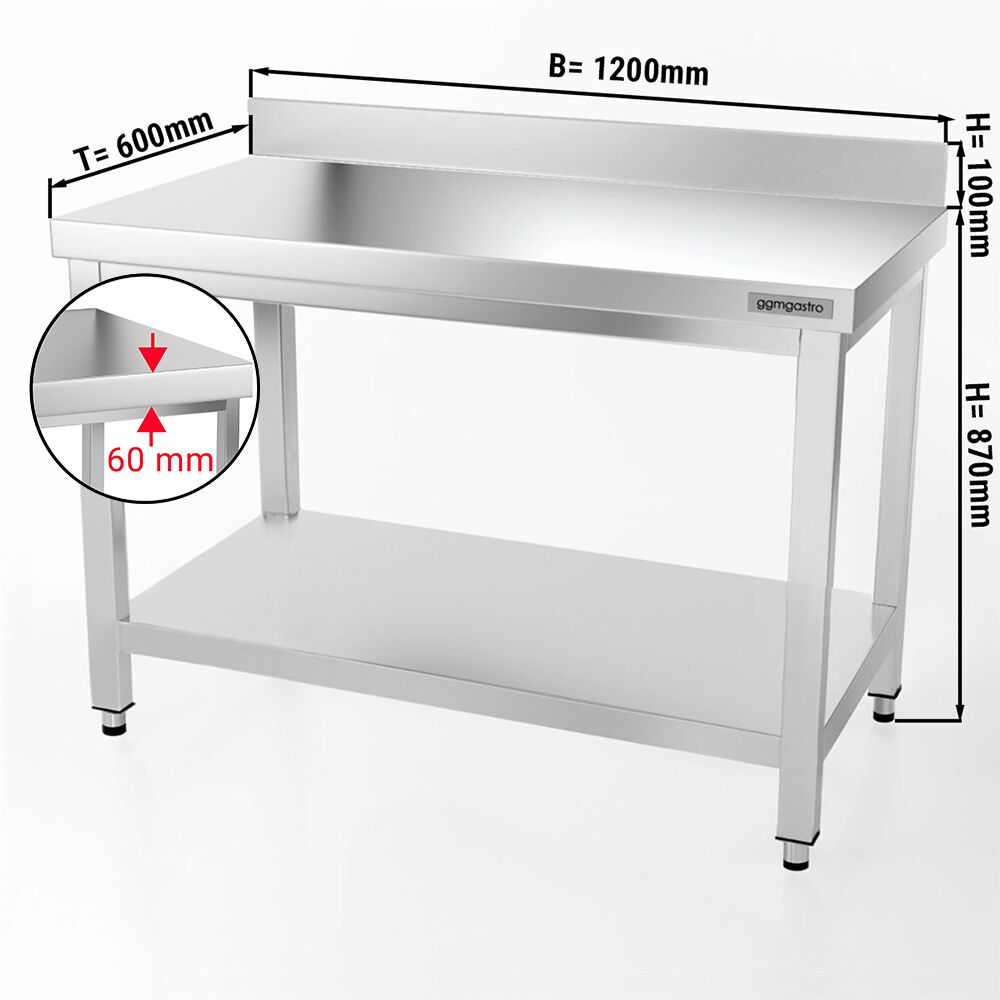 Radni stol od plemenitog čelika PREMIUM - 1200x600 mm - sa Donjom pločom & Poleđinom 