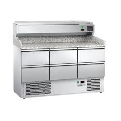 Masă rece pentru pizza ECO - cu blat din granit - 1400x700 mm - cu 6 sertare - cu vitrină de ingrediente - 6x GN 1/4