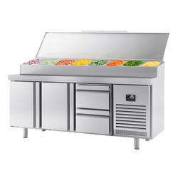 میز یخچالی آماده سازی - 1960*600 میلیمتر - دو درب و 11x GN 1/4 دو کشو - ویترین استیل