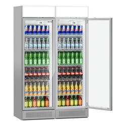 (2 ks) Lednice na nápoje - 1190 mm - 345 l - bezrámové provedení - digitální teploměr - s 2 skleněnými dveřmi & osvětleným reklamním displejem
