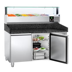 Pizzawerkbank PREMIUM - 1500x800mm - met granieten werkblad - met 2 deuren - incl. glasvitrine LED - 6x GN 1/3