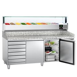 Commercial Refrigerated Pizza Prep Counter PREMIUM - 2000x800 - 2 Doors - 7 Drawers - Top Display Rail LED - 10x GN 1/4