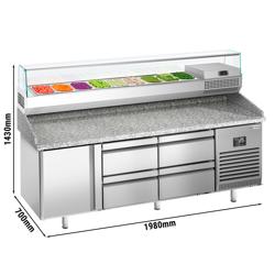 Pizzawerkbank PREMIUM PLUS - 1980x700mm - met granieten werkblad - met 1 deur & 4 laden - incl. glasvitrine - 9x GN 1/4