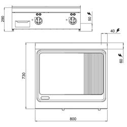 Plancha électrique - plaque acier - 2 zones - 9,6 kW - 1/2 lisse, 1/2 rainurée - Surface de cuisson : 800x700mm - plaque 2mm