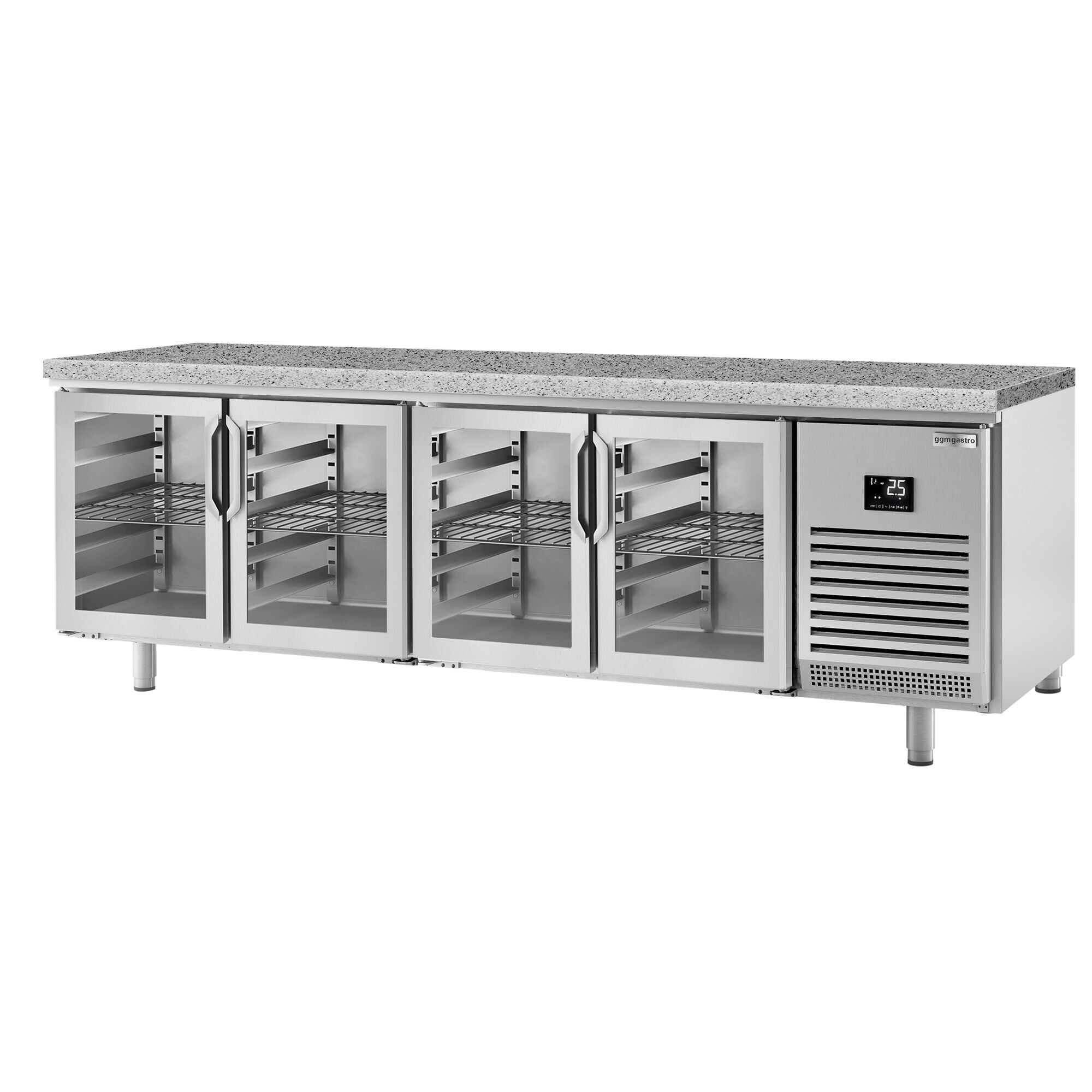 Table réfrigérée de boulangerie PREMIUM PLUS - 2752x800 mm - 4 portes vitrées & plan de travail en granit
