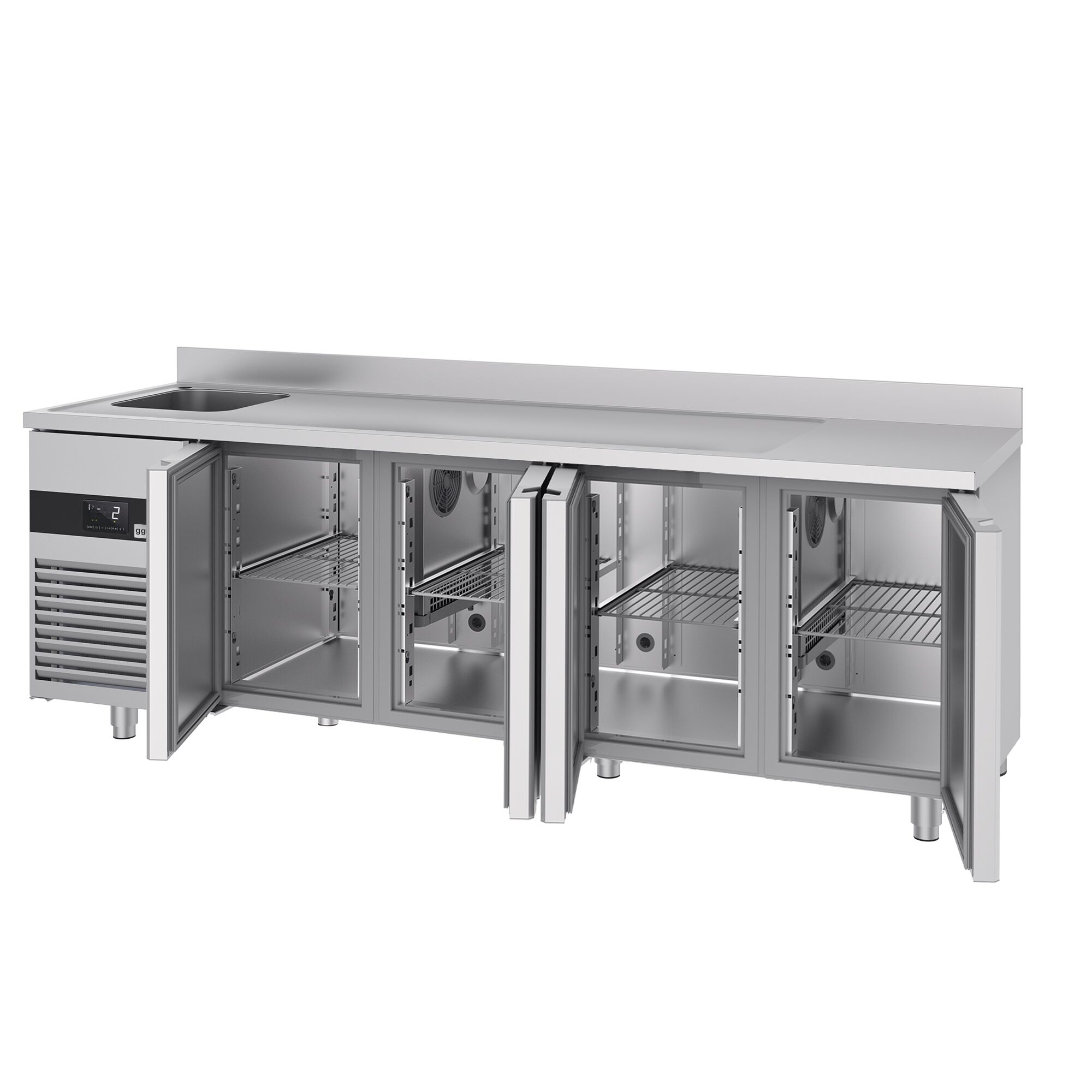 Table réfrigérée PREMIUM - 2360x700 mm - avec 4 portes, 1 bac à gauche - avec dosseret