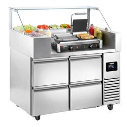 Commercial Refrigerated Prep Table  – Glass Top – 4 Drawers – 1210 mm – for 9× GN 1/6 - with Contact Grill