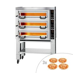 Elektrische pizzaoven (chamotte bakvloer) - 1130x1010x2028mm - 3 kamers - 3x4 pizza’s Ø34cm - tot 450°C - Touch - incl. rvs afzuigkap & onderstel & wielenset