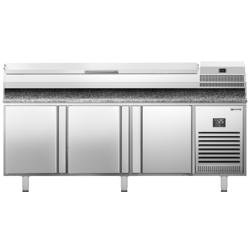 Table à pizza réfrigérée Premium PLUS – 1980 × 700 mm – avec 3 portes – vitrine réfrigérée incluse – 9 × GN 1/4