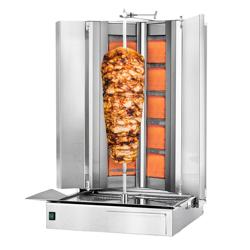Gáz Gyros sütő - 10 égő - 32,5 kW - max. 120 kg - Asztali kivitel - tartozékokkal: 2 összecsukható ajtó (balról-jobbról), 1 nyárs, zsírfogó tálca, fúvókakészlet földgázhoz és propánhoz