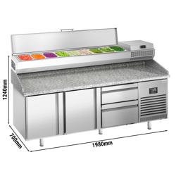 Ψυγείο πίτσας με πάγκο γρανίτη PREMIUM PLUS - 1980x700 mm - με 2 πόρτες & 2 συρτάρια - με επικαθήμενη βιτρίνα σαλατών - 9x GN 1/4