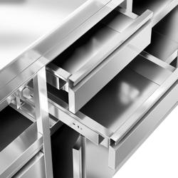 Ερμάριο από ανοξείδωτο ατσάλι PREMIUM - 1200x600 mm - με 2 συρτάρια δεξιά, 1 ανοιγόμενη πόρτα αριστερά, με κάδο απορριμμάτων - με πλάτη