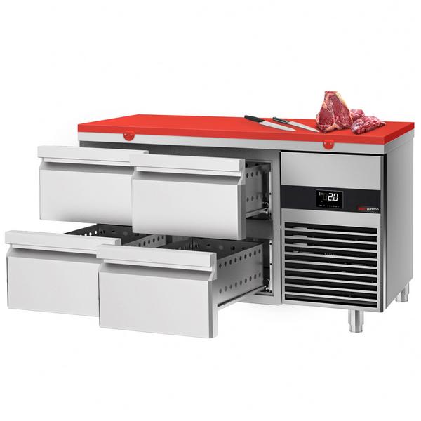 Masă frigorifică PREMIUM - 1400x700 mm - cu 4 sertare - tocător roșu