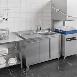 Móvel de lavagem em aço inoxidável Profissional ECO - 1200x700mm - com lixeira e 1 cuba à direita - com escorredor à esquerda