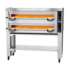 Four à pizza PROFESSIONNEL électrique - Sole en pierre réfractaire - 2 x 9 pizzas Ø34cm - 400V - Commandes électroniques - jusqu’à 450°C - incl. Hotte & Support - avec Roulettes