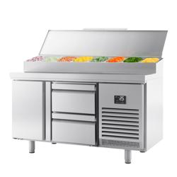 Table réfrigérée de préparation - 1468 x 600 mm - avec 1 porte et 2 tiroirs - avec superstructure en inox 8 x GN 1/4