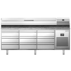 Banco pizza refrigerato PREMIUM PLUS - 1980x700mm - con 6 cassetti - piano in granito - con vetrina ingredienti refrigerata superiore - 9x GN 1/4