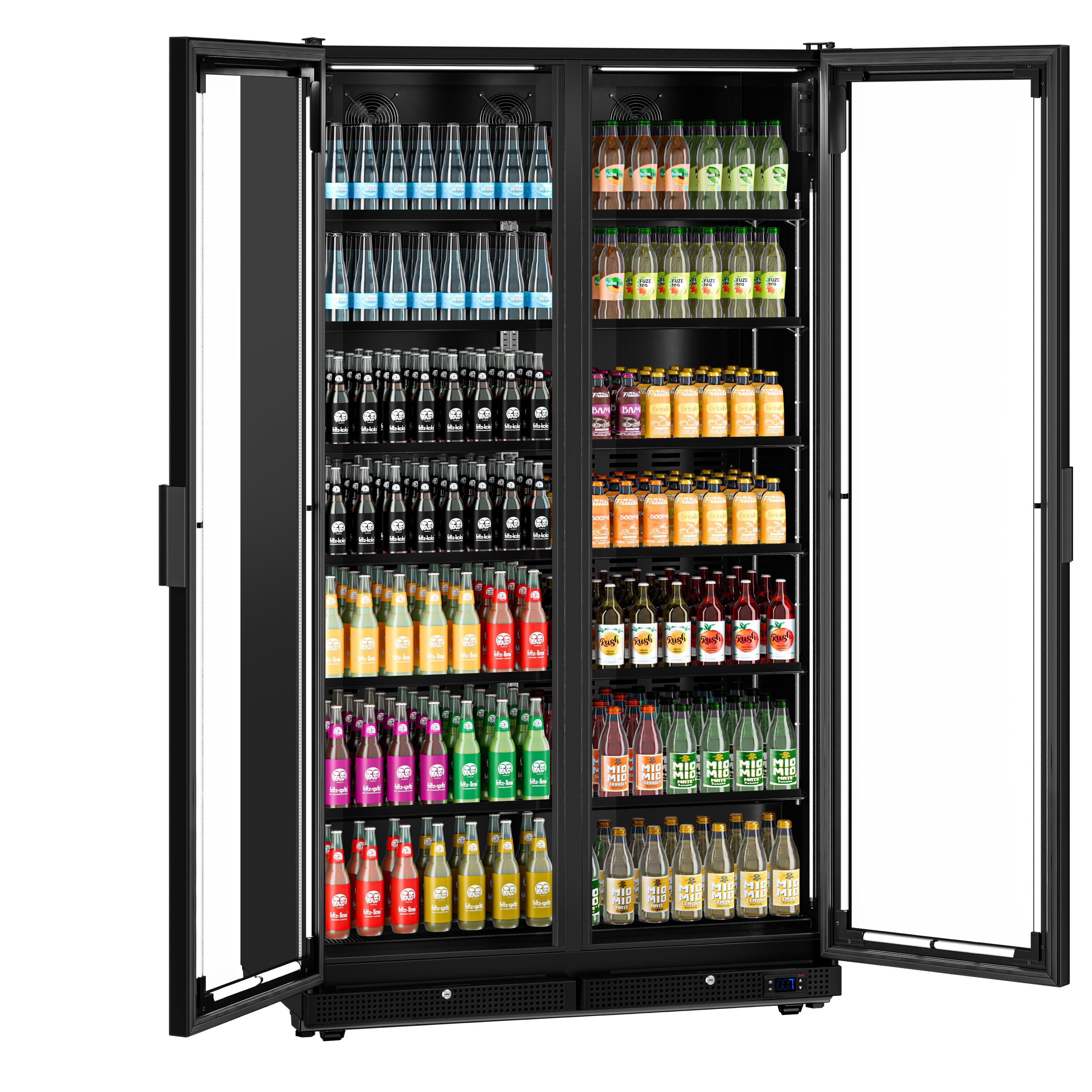 Vitrine réfrigérée à boissons - 1200mm - 1230 L - porte vitrée sans cadre - 2 portes vitrées - éclairage LED - affichage digital de la température - Noir - 0 à +7 °C