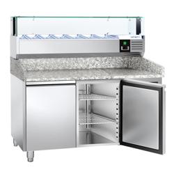 Commercial Refrigerated Pizza Prep Counter PREMIUM - 1500x800 - 2 Doors - Top Display Rail LED - 7x GN 1/4