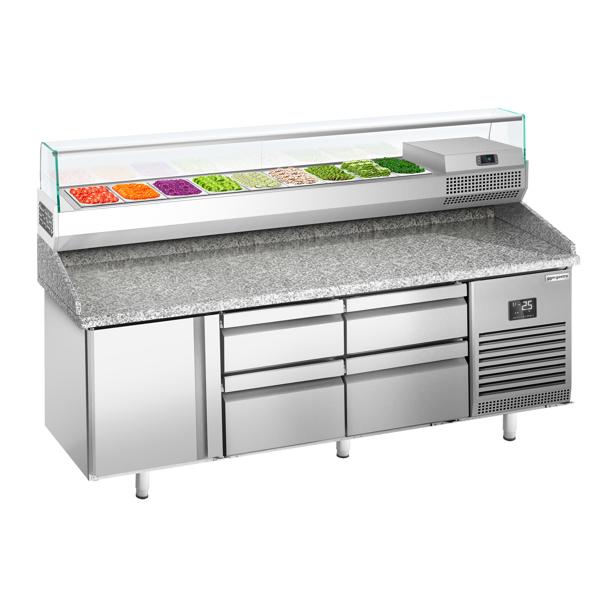 Commercial Pizza Prep Counter - Granite Top PREMIUM PLUS - 1980x700mm - with 1 doors & 4 drawers - incl. refrigerated topping unit with glass sneeze guard - 9x GN 1/4