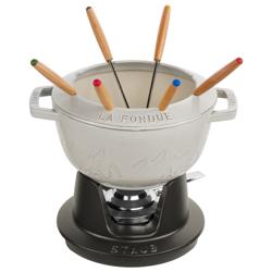 STAUB | Cast Iron Fondue Set – Ø 20 cm - White Truffle - 6 Forks, Burner, Board