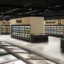 Commercial supermarket wall-mounted refrigerated display shelving - 1875 mm - with double-glazed frameless doors and 5 shelves