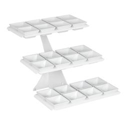 Buffetteline - valkoinen, melamiini; runko: ruostumaton teräs, jauhemaalattu - kulmikas - 320x460 mm - 3-tasoinen - Korkeus: 420 mm - sis. 24 melamiinikulhoa 100x100 mm