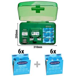 Salvequick® Dispensador de pensos detetável - cheio - plástico ABS - Verde - para o setor da restauração - com montado na parede, cruz sinalética - incl. 12 recargas