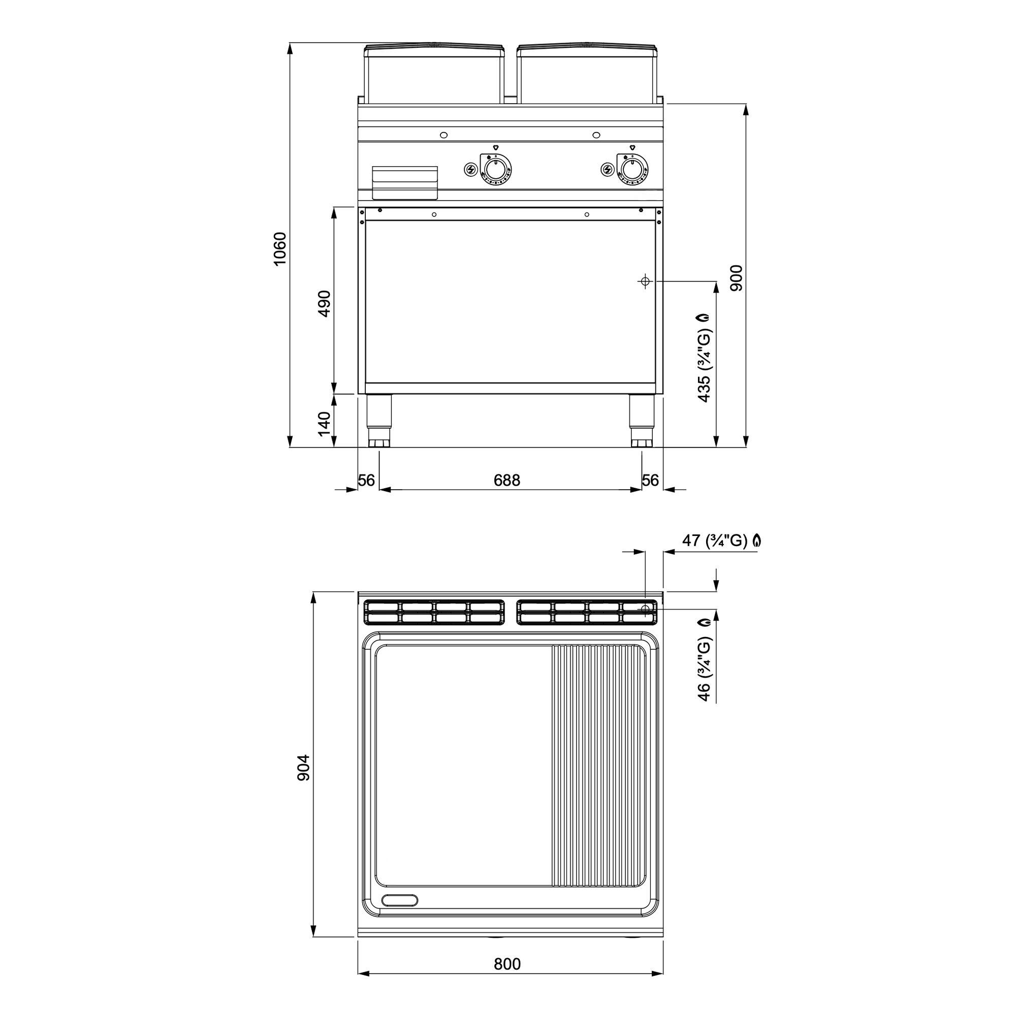 Commercial Gas Griddle - 20.0kW - Smooth/Ribbed Plate (half & half) - on Stand